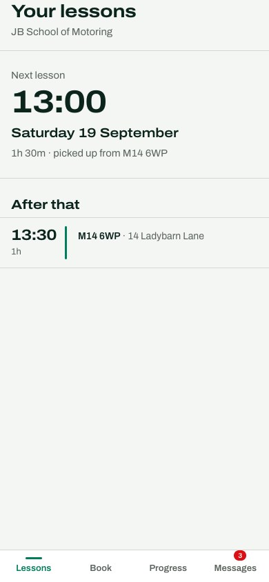 A learner's phone showing their next lesson and the tabs for booking, progress and messages.